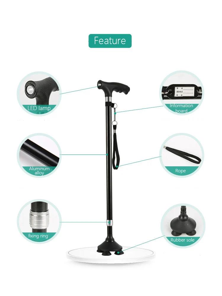Gehhilfe für ältere Menschen, 60-94 cm, ausziehbarer Aluminiumlegierung, Gehstock mit T-Griff und Lampe - Bike X Parts