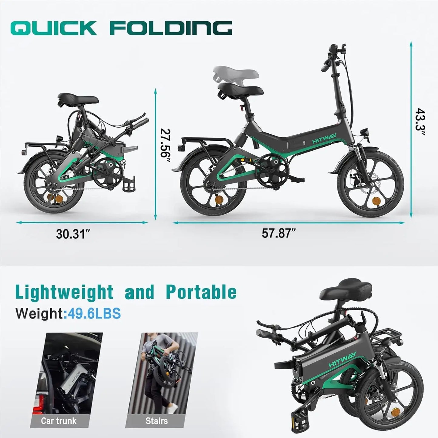 16-Zoll-E-Bike HITWAY mit 36V – Faltbares Elektrofahrrad mit Tretunterstützung, 7,8Ah Akku, ohne Gasgriff