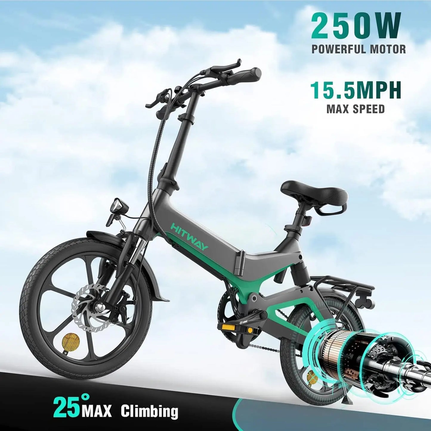 16-Zoll-E-Bike HITWAY mit 36V – Faltbares Elektrofahrrad mit Tretunterstützung, 7,8Ah Akku, ohne Gasgriff